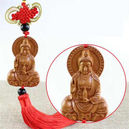 1pc Jujube Wood Car Pendant Carving Red Chinese Kwan Yin Buddha Statue Sculpture