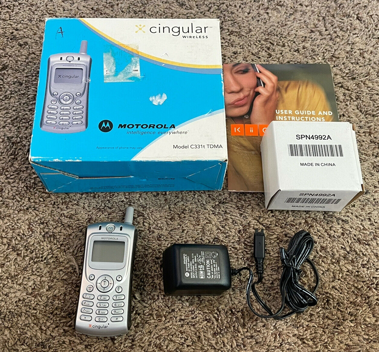 2002 Motorola Model C331t Cell Phone, Box, Manual, Charger
