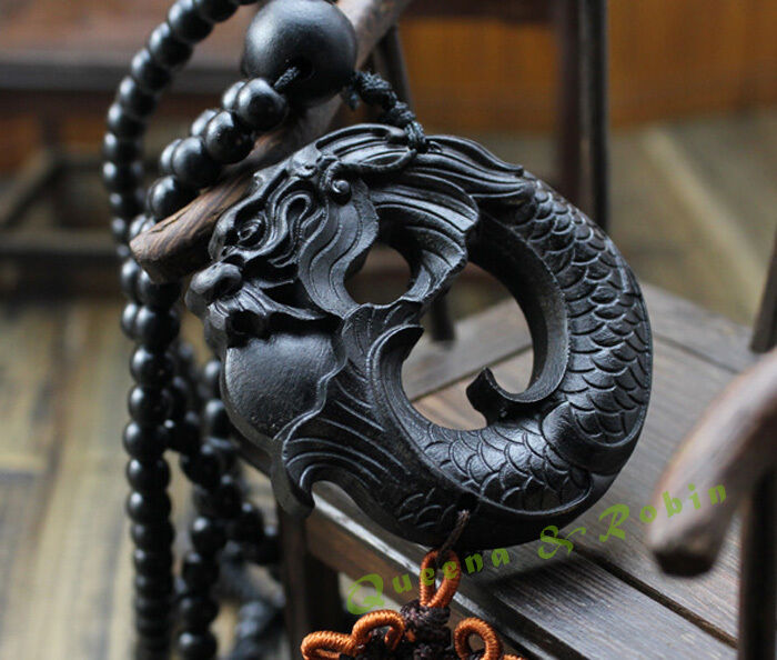 Ebony Wood Carving Chinese Fengshui Dragon Sculpture Prayer Beads Car Pendant