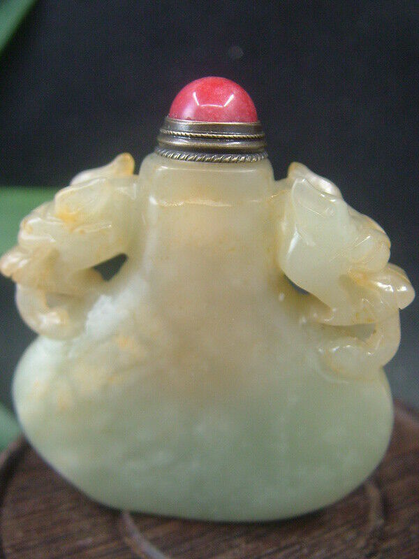 Antique Chinese Nephrite Celadon-hetian-jade Old Dragon Statue/snuff Bottle